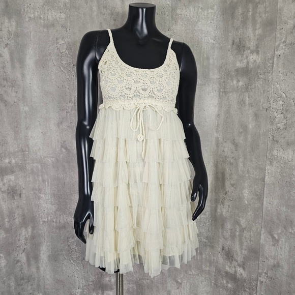 J Gee Crochet Ruffle Dress Sleeveless Tiered Mini Ivory‎ Summer Beach Petite S - Picture 1 of 8